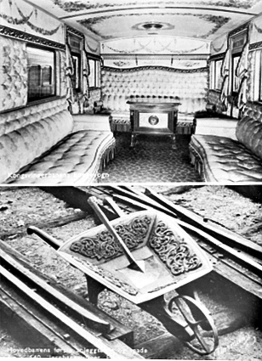Anno Domkirkeodden, 2-DELT PROSPEKTKORT FRA JERNBANEMUSEET PÅ DISEN, INTERIØR KONGSVINGERBANENS KONGEVOGN, HOVEDBANENS ANLEGGSBÅRE (TRILLEBÅRE) OG SPADE.