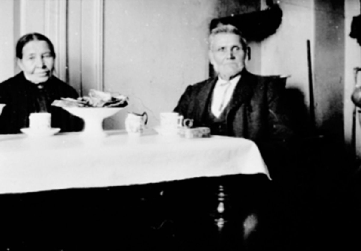 Anno Domkirkeodden, Interiør. Marit Jensdatter (1855-1939) og Johannes Akselsen (1844-1926), fra Sundby lille, Skredderbakken, Helgøya. Trolig tatt på Ankerløkken av dattera Marit Sæhlie.