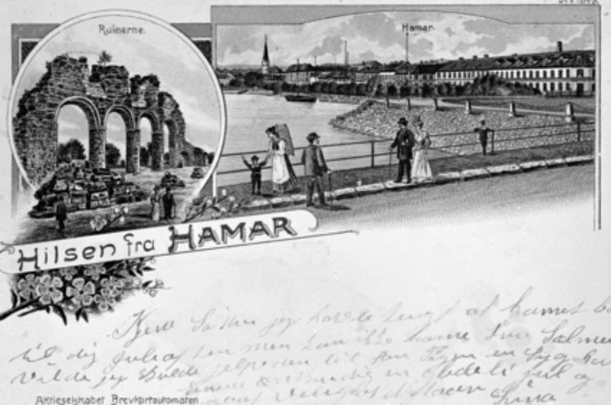 Anno Domkirkeodden, FARGELAGT PROSPEKTKORT, TEGNING, DOMKIRKERUINEN, HAMARBUKTA, FOLK PROMENERER, JERNBANEBRYGGA, HILSEN FRA HAMAR.