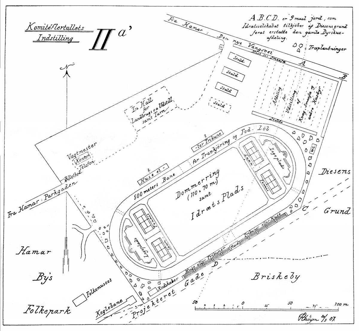 Anno Domkirkeodden, KART, IDRETTSPLASS, PLAN IISe Idrett fra Hamar gjennom 100 år. bilde nr. 51. Hamar Bys Folkepark, Idrætsplads, Dyreskueplads