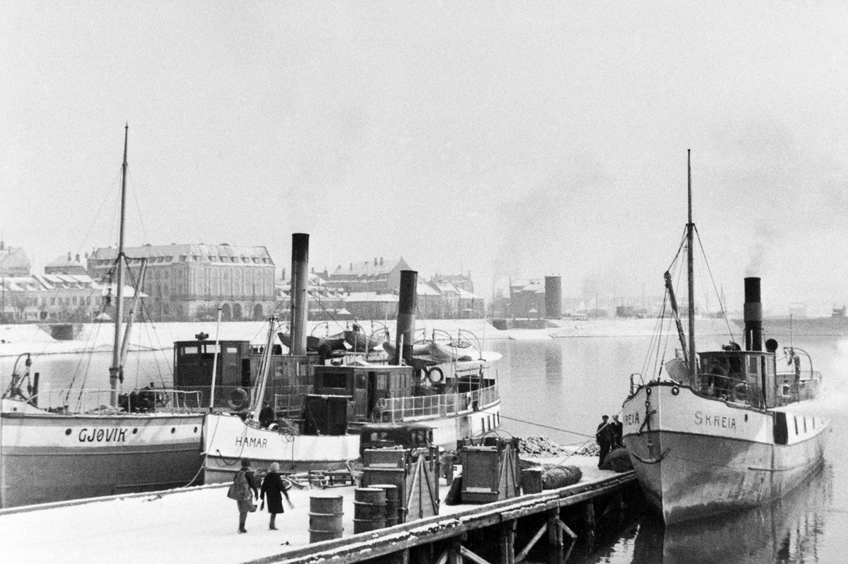 Anno Domkirkeodden, MJØSBÅTENE, D. S. GJØVIK, D. S. HAMAR, D. S. SKREIA, HAMAR BRYGGE, VINTER.