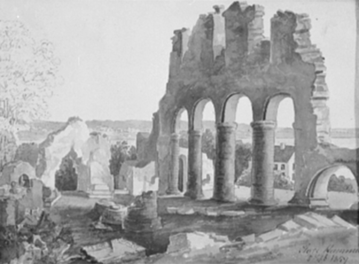 Anno Domkirkeodden, MALERI, AKVARELL DOMKIRKERUINEN, HEDMARKSMUSEET OG DOMKIRKEODDEN