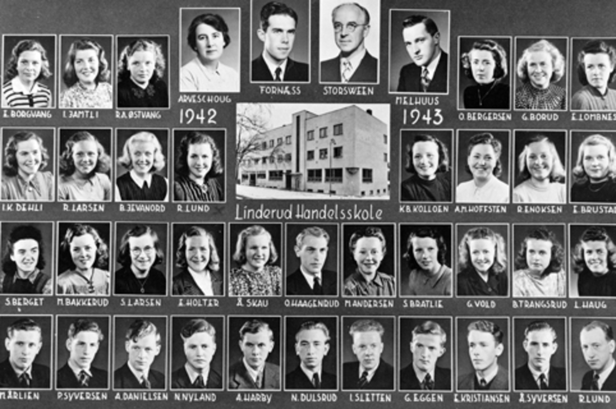 Anno Domkirkeodden, LINDERUDS HANDELSSKOLE. ELEVER LÆRERE 1942-1943. MED NAVN.