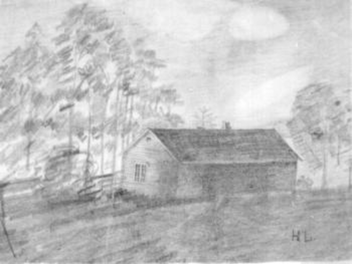Anno Domkirkeodden, Tegning av Odden, Helgøya signert H.L (Hjørdis Lier?). Nå kallt for Framnes. Står enda og er påbygd av Anders Lier (1865-1943).