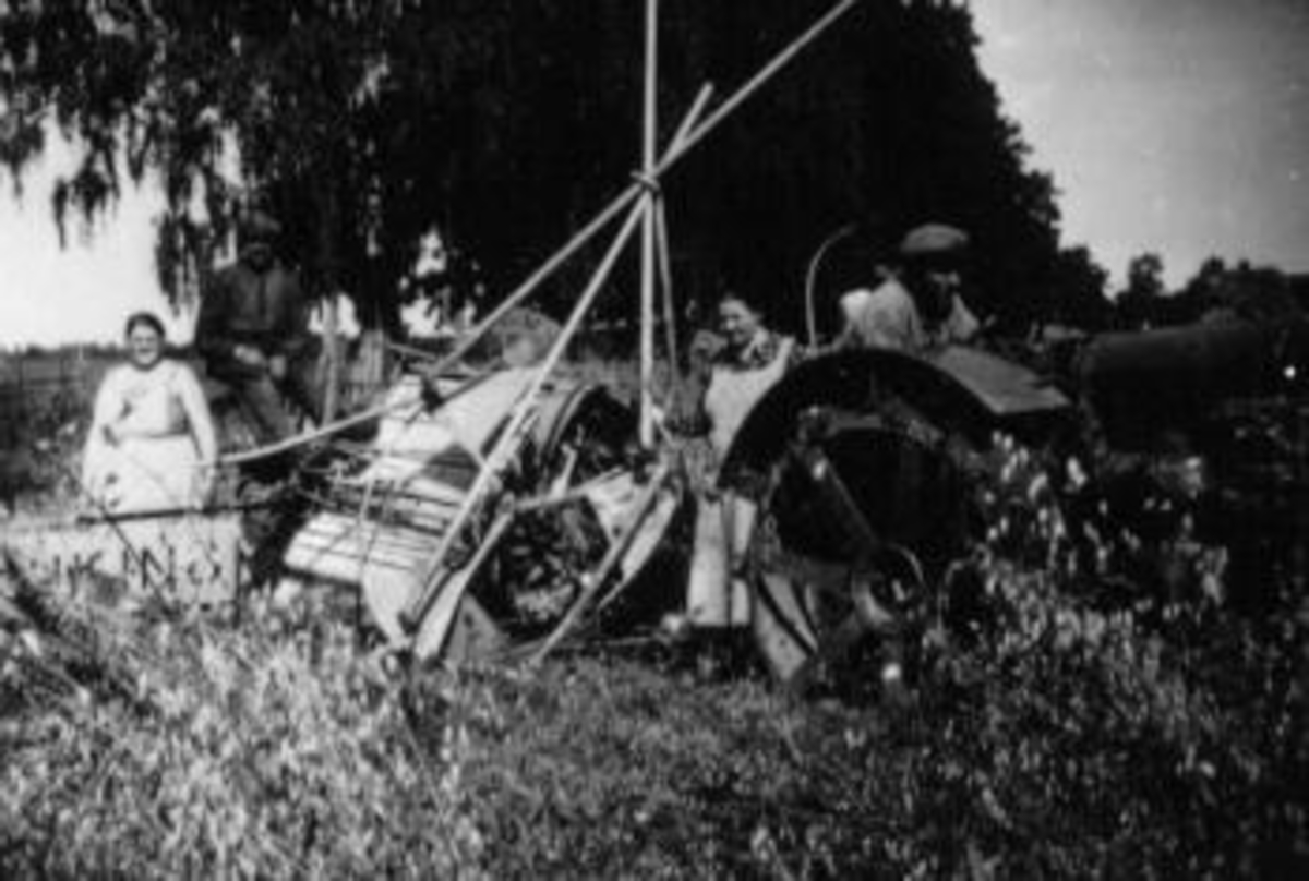 Anno Domkirkeodden, Skuronn på Kise mellom, Nes, Hedmark. Traktor med jernhjul og sjølbinder. Prøvekjøring "Viking" stavhaspel. Fra venstre er A.M. Haugen, Kristian Rosenlund, Anne Haugen, Even Arnt Haugen.
