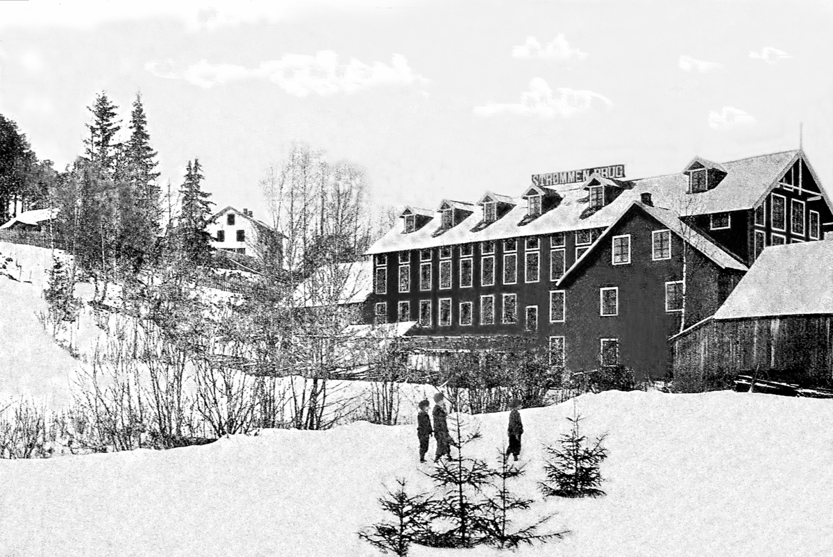 Anno Domkirkeodden, Eksteriør, Strømmen Bruk, Moelv. Vinter. Tre gutter foran.