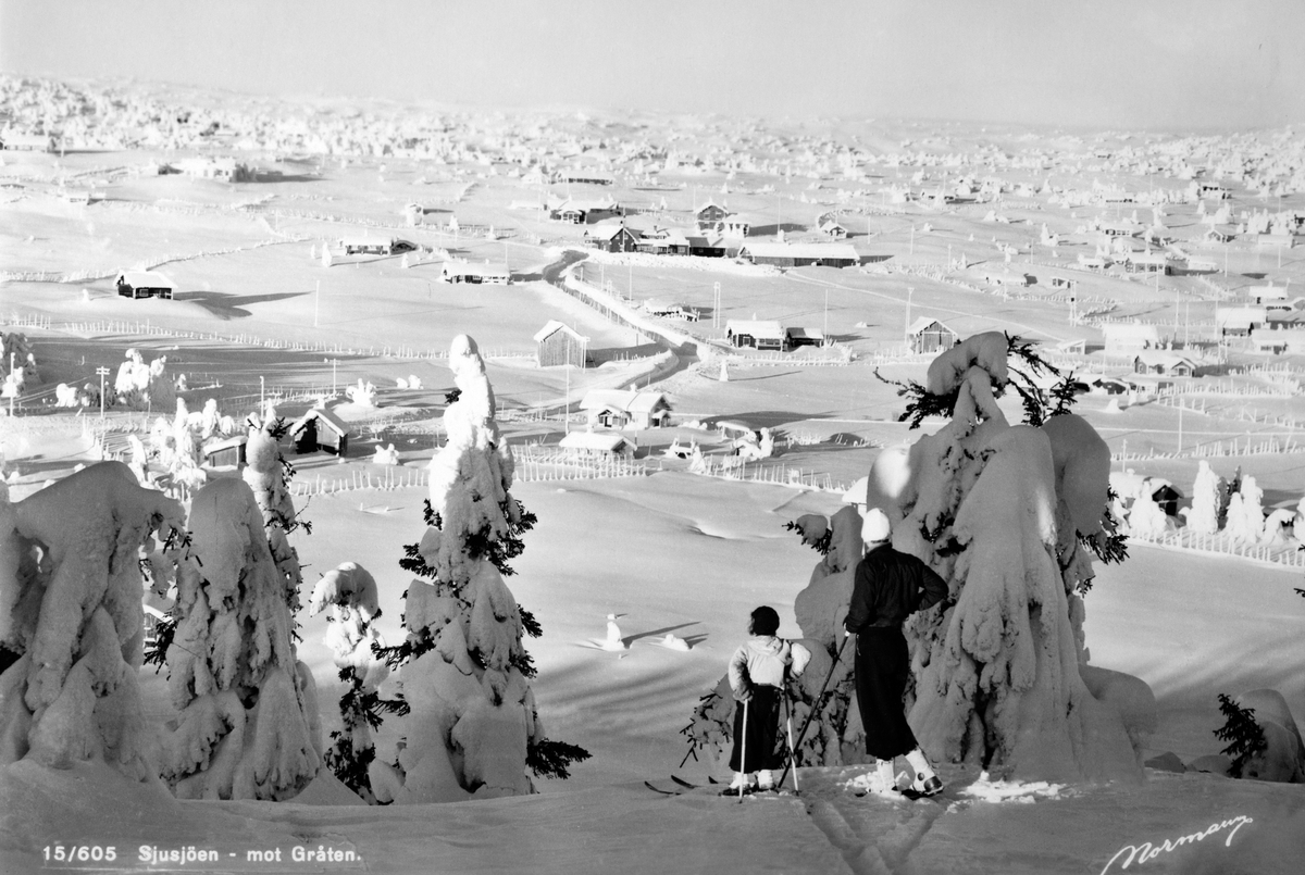 Anno Domkirkeodden, Vinterlandskap på Sjusjøen. Hyttebebyggelse. To personer på ski i forgrunnen.