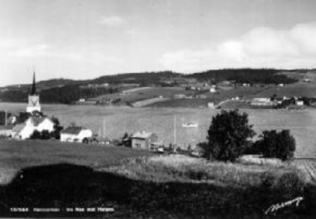 Anno Domkirkeodden, Utsikt mot Nes kirke, Nessundet og Helgøya. Postkort.