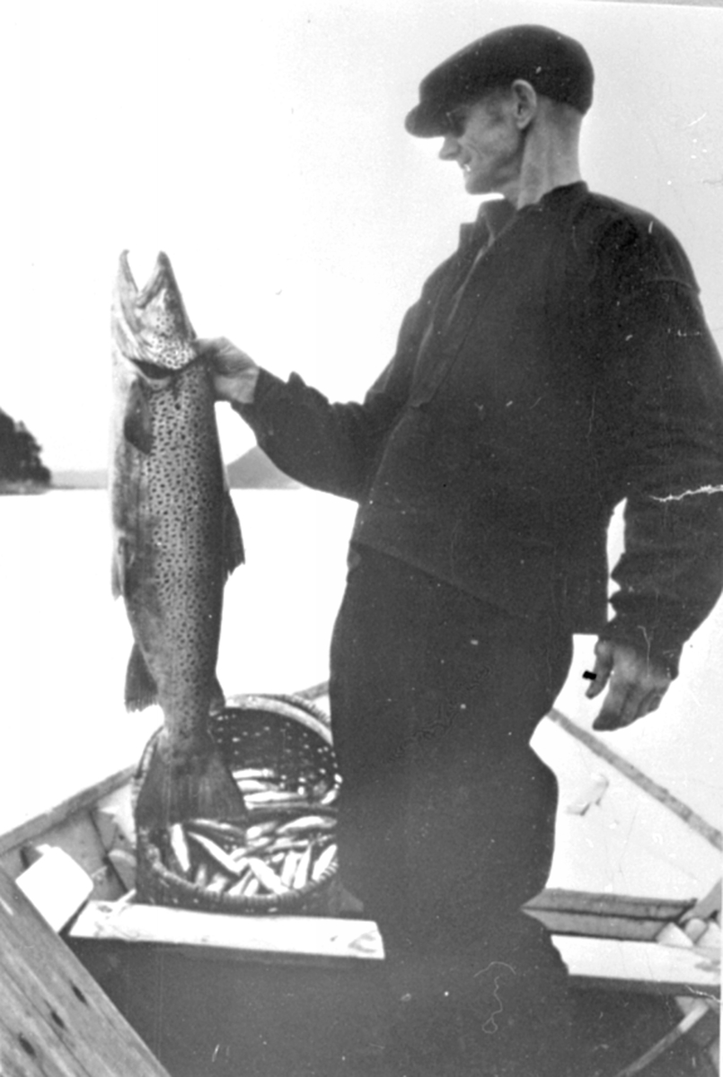Anno Domkirkeodden, Helge Henriksen med mjøsørret og sild i kurv. Robåt.