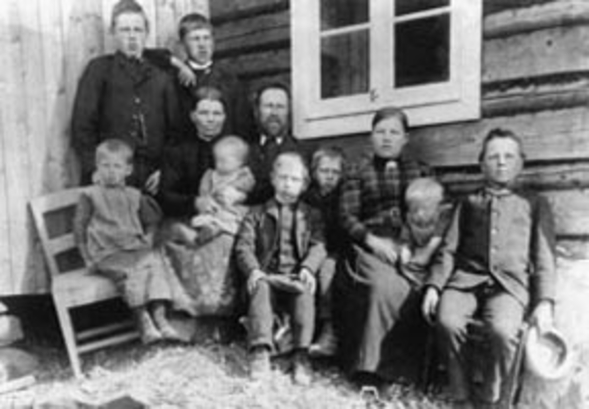 Anno Domkirkeodden, Husmannsfamilien på Samuelstuen, Ring, Ringsaker. Foran fra venstre er Lina f.1887, mor Lene f.1849 med Karen f.1892 på fanget, far Per Marinus, Arne, Ingeborg f.1876 med Klara f.1889 på fanget, Mathias. Bak fra venstre er Ole f.1873, Anton.