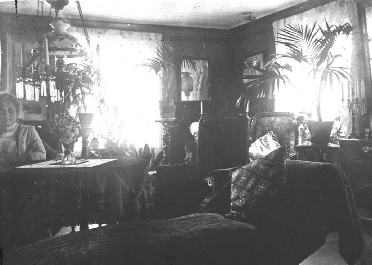 Anno Domkirkeodden, Interiør, stue på Granerud gård, Brumunddal. Møbler, bilder, planter.