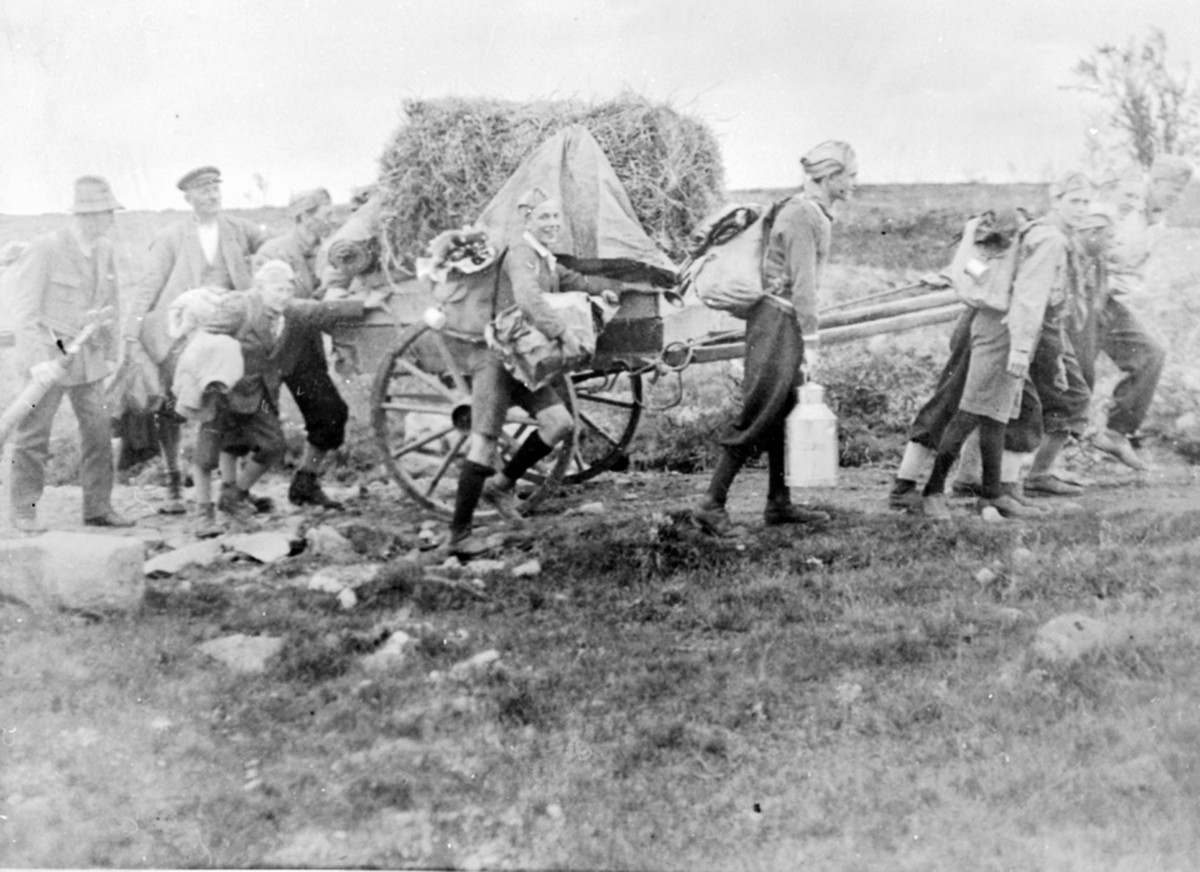 Anno Domkirkeodden, Speidere på tur. Brøttumspeidere drar på kjerre med høy. Troppsleder Thomas Hauge. Vestfjellet.
