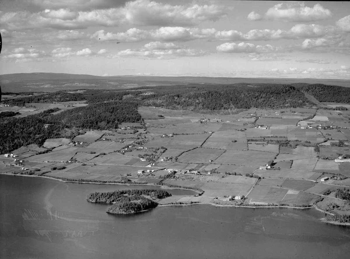 Widerøes Flyveselskap A/S, Flyfoto av Ringsbygda, Ringsaker med åkerlandskap og garder.