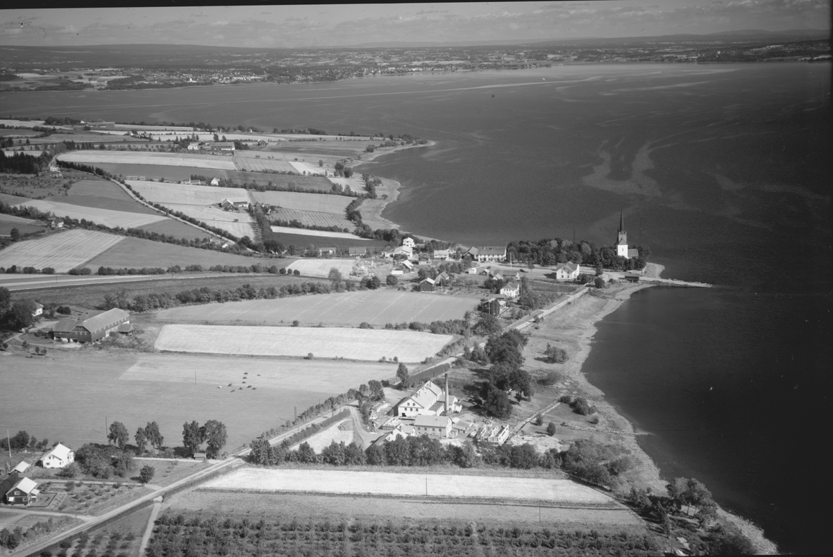 Anno Domkirkeodden, Flyfoto, Nes, Tingnes, Nes Meieri, bygging av vaskeriet, Nes kirke, landbruk, Mjøsa.