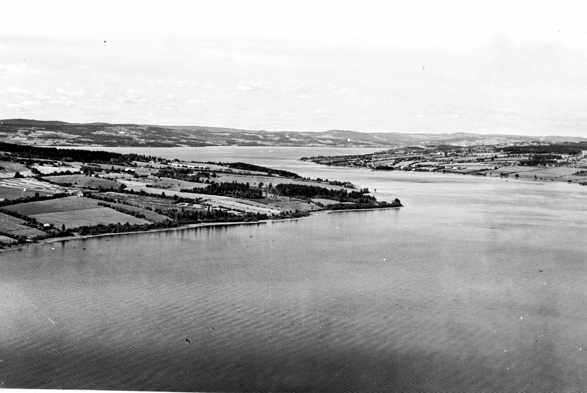 Anno Domkirkeodden, Flyfoto, Helgøya, Nessundet, Mjøsa.