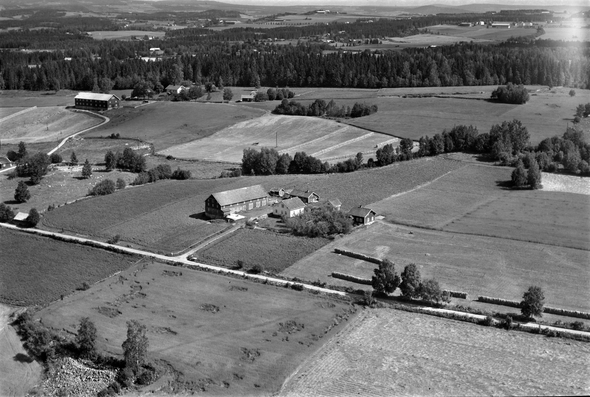Widerøes Flyveselskap A/S, Flyfoto av Skårshaug gard, Ormsrud i bakgrunn, Nes, Hedmark.