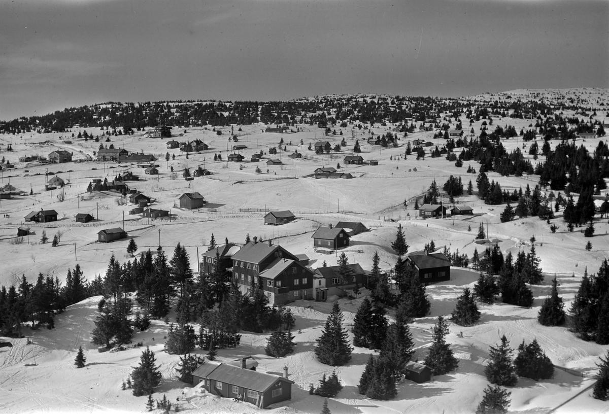 Widerøes Flyveselskap A/S, Flyfoto av bebyggelse i vinterlandskap på Sjusjøen, Ringsaker Almenning.