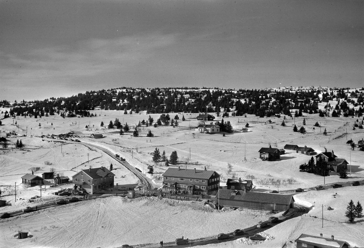 Widerøes Flyveselskap A/S, Flyfoto av bebyggelse i vinterlandskap på Sjusjøen, Ringsaker Almenning.