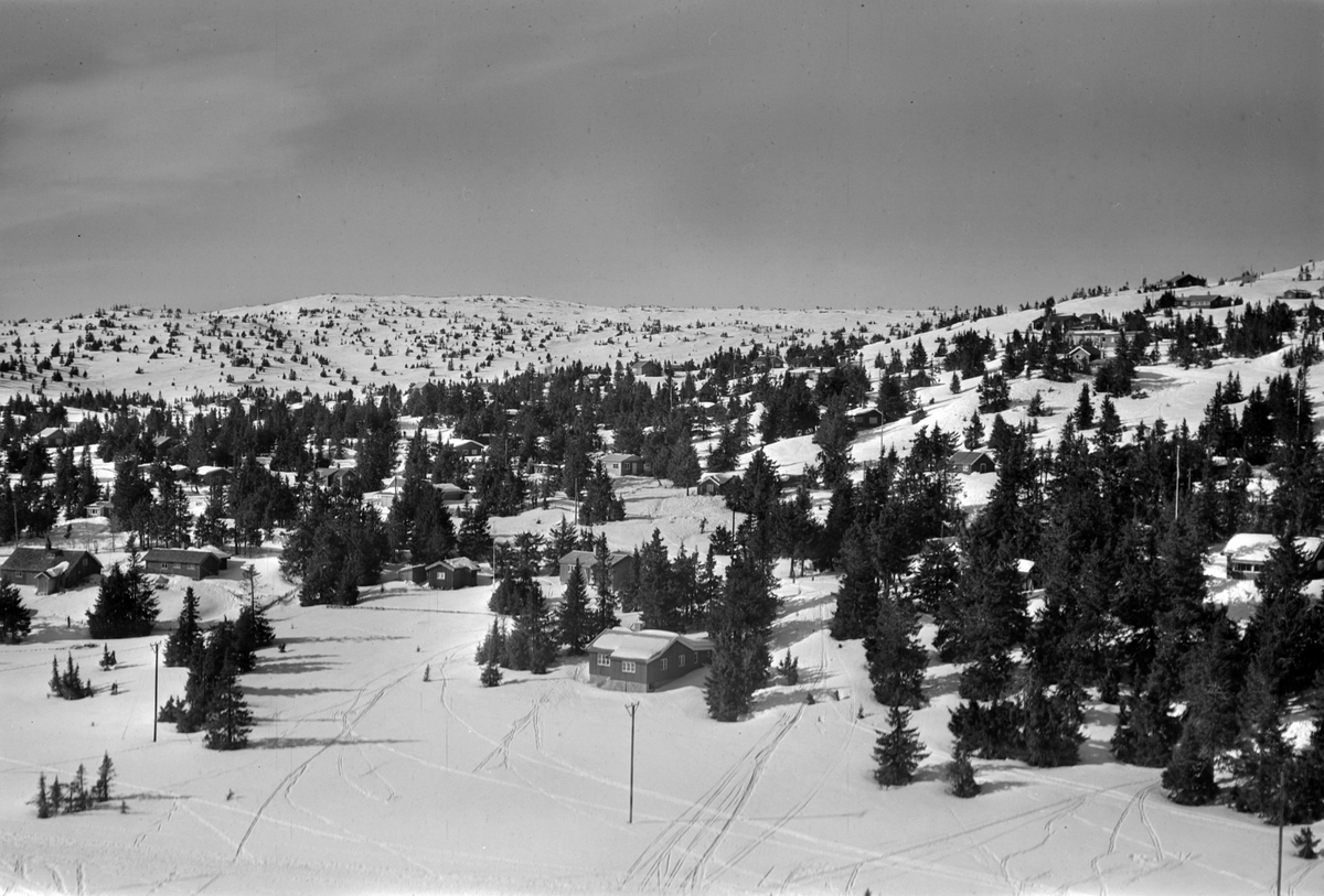 Widerøes Flyveselskap A/S, Flyfoto av bebyggelse i vinterlandskap på Sjusjøen, Ringsaker Almenning.