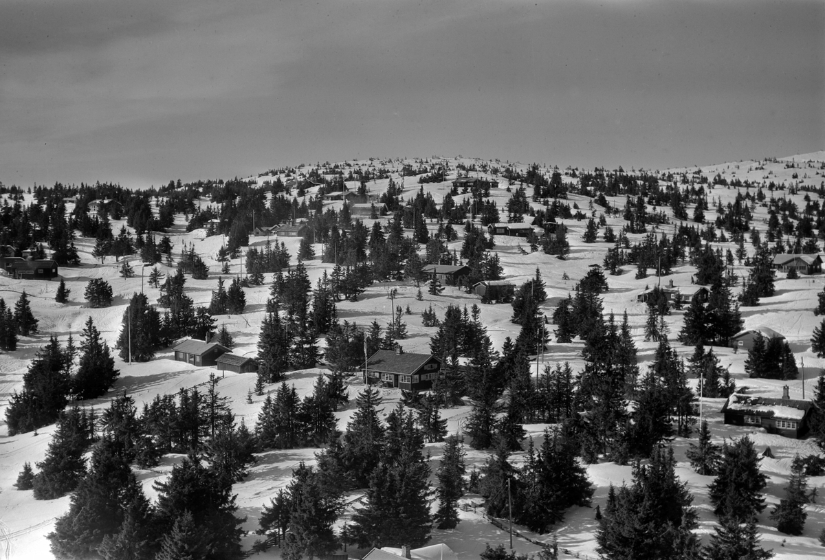 Widerøes Flyveselskap A/S, Flyfoto av bebyggelse i vinterlandskap på Sjusjøen, Ringsaker Almenning.