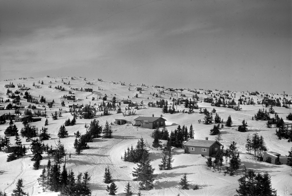 Widerøes Flyveselskap A/S, Flyfoto av bebyggelse i vinterlandskap på Sjusjøen, Ringsaker Almenning.