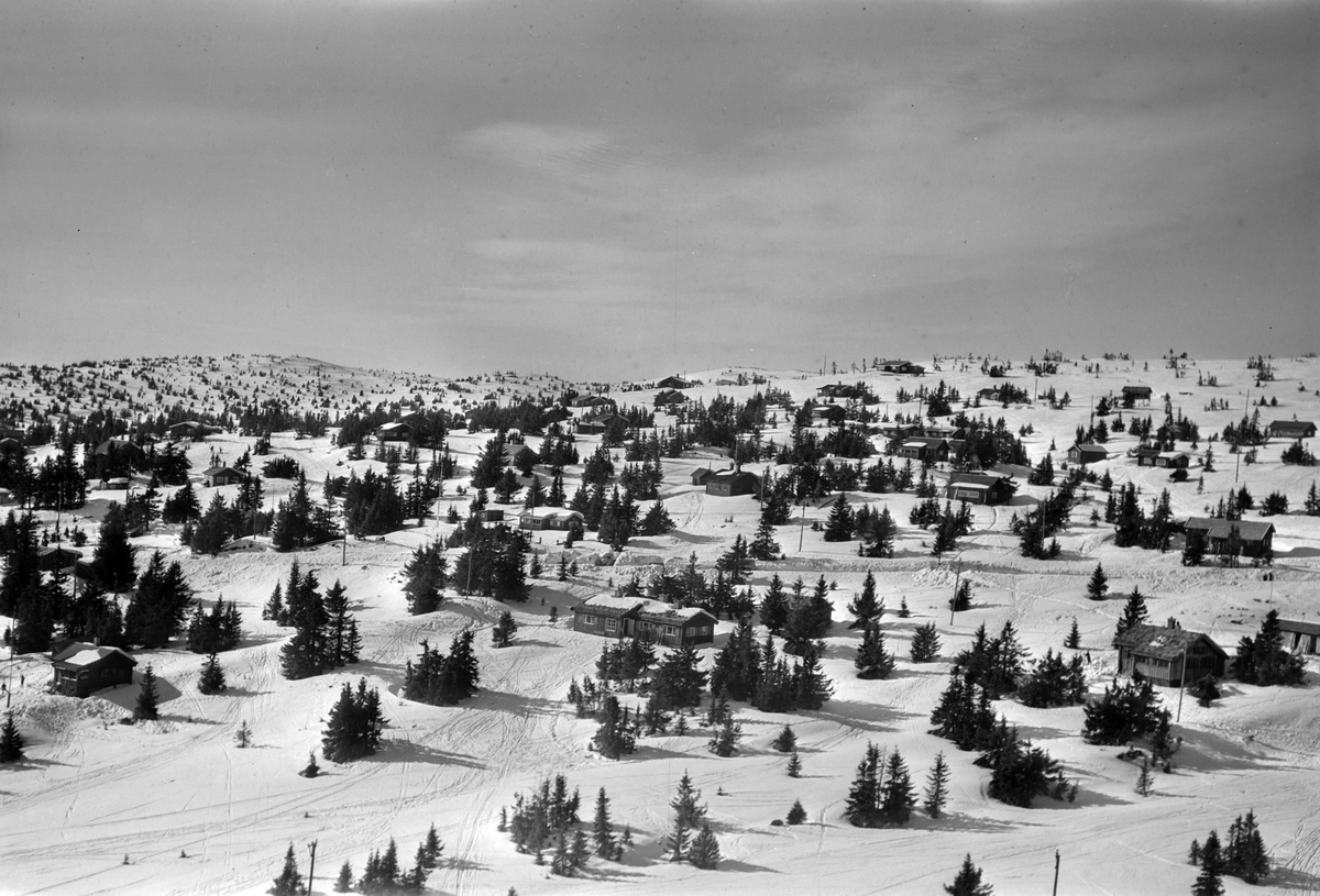 Widerøes Flyveselskap A/S, Flyfoto av bebyggelse i vinterlandskap på Sjusjøen, Ringsaker Almenning.