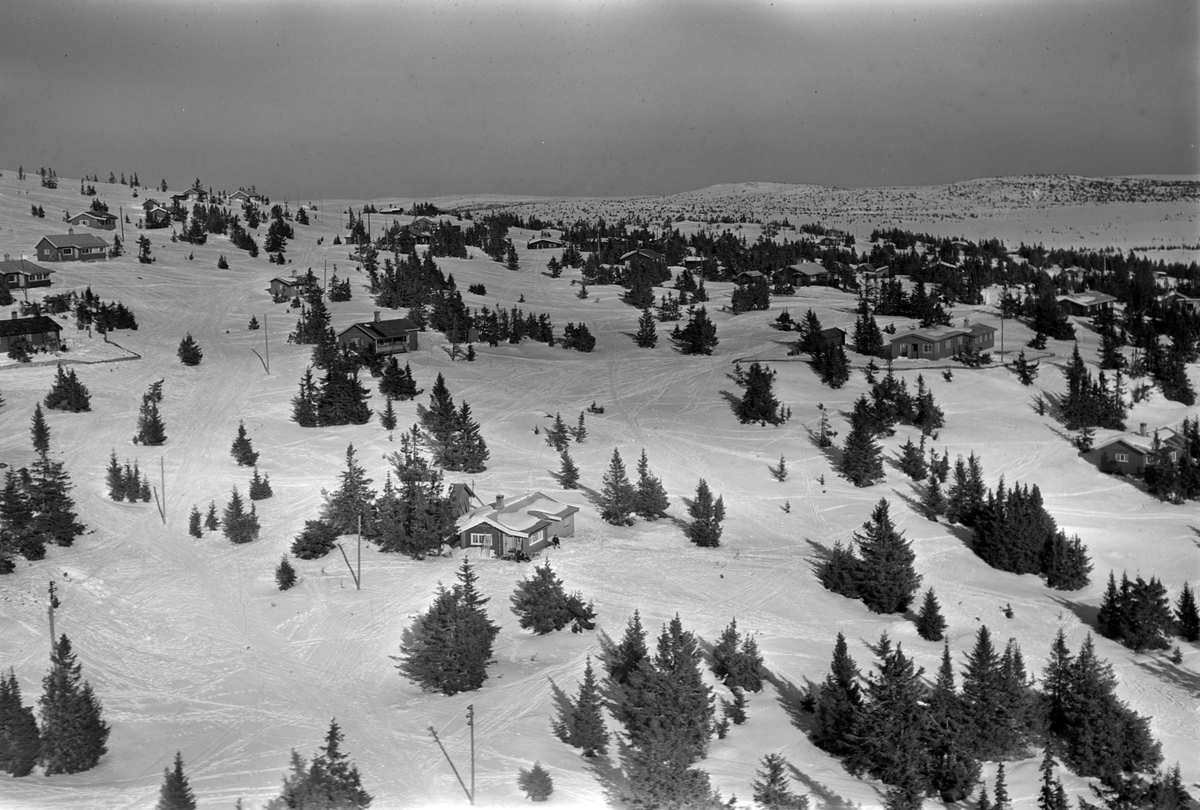 Widerøes Flyveselskap A/S, Flyfoto av bebyggelse i vinterlandskap på Sjusjøen, Ringsaker Almenning.