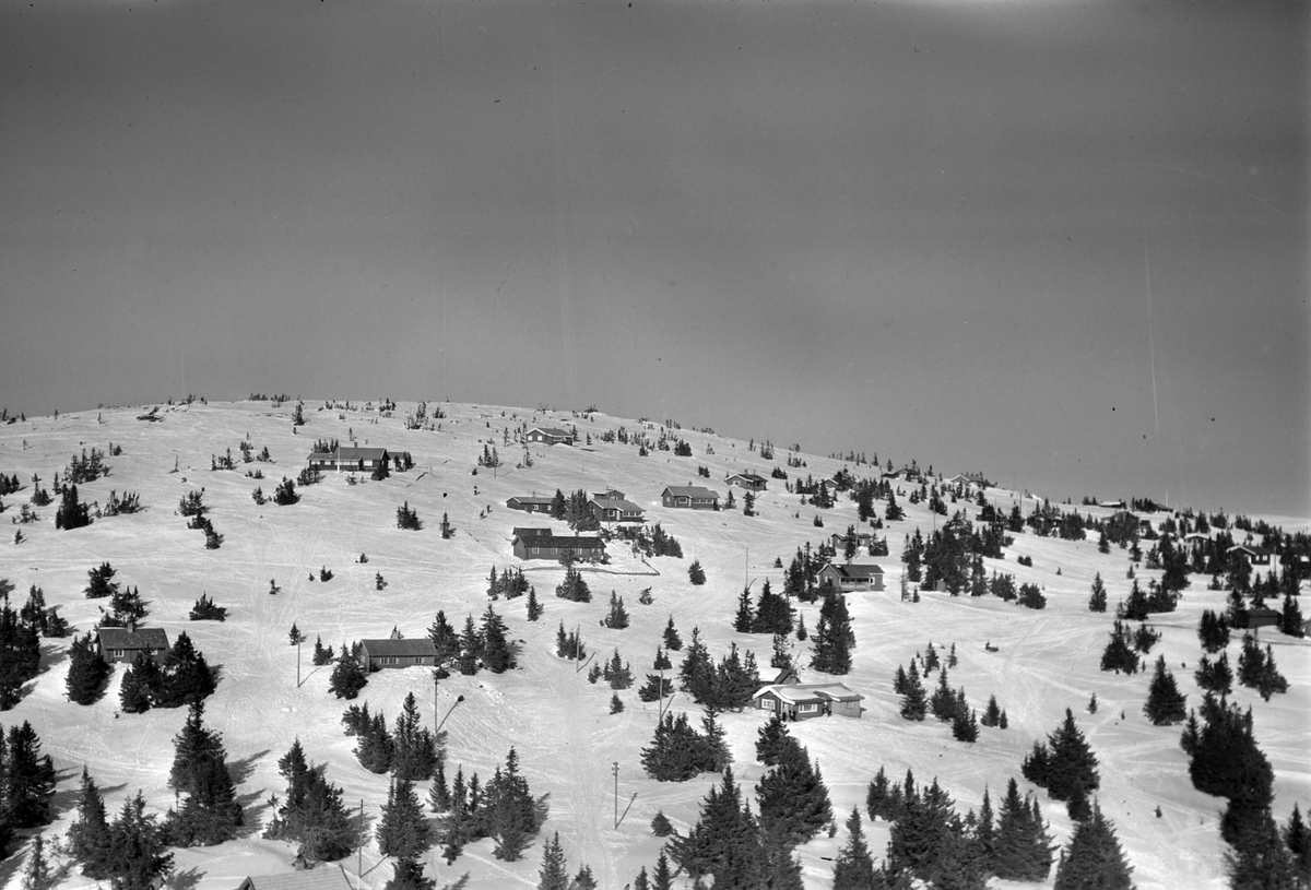 Widerøes Flyveselskap A/S, Flyfoto av bebyggelse i vinterlandskap på Sjusjøen, Ringsaker Almenning.