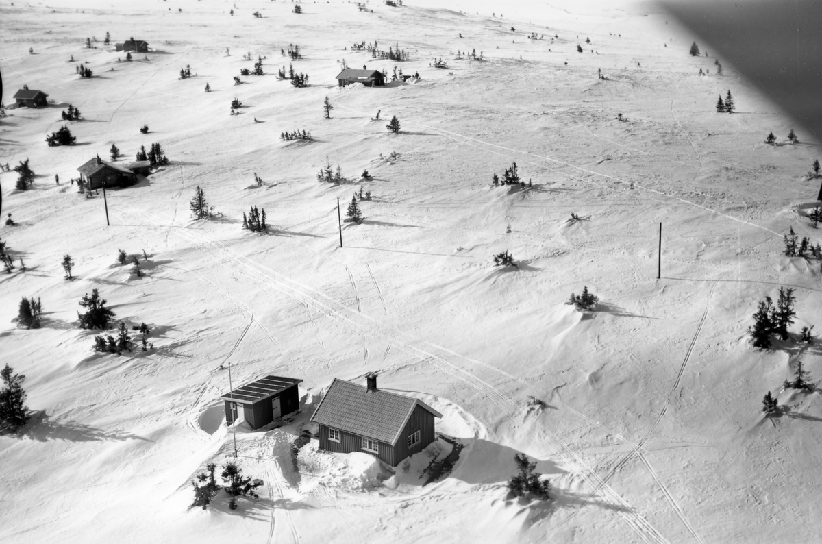 Widerøes Flyveselskap A/S, Flyfoto av bebyggelse i vinterlandskap på Sjusjøen, Ringsaker Almenning.