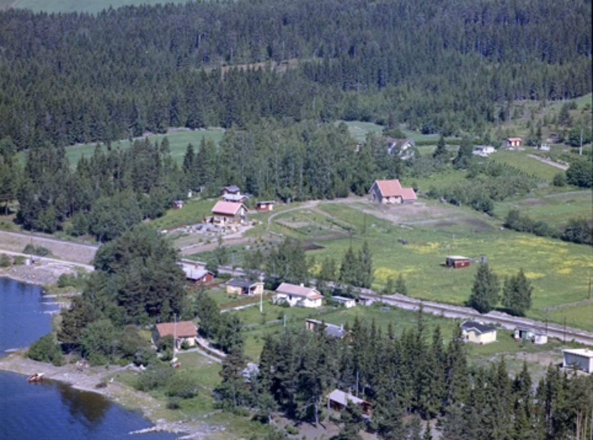 Widerøes Flyveselskap A/S, Flyfoto av hytter på Jessnes, Ringsaker. Hus og hytter langs Jessnesstranda. Jessnesstranda 52 og 54 (Huset til Cae) i forgrunn. Nr 59, 61 og 63 i nær bakgrunn.
