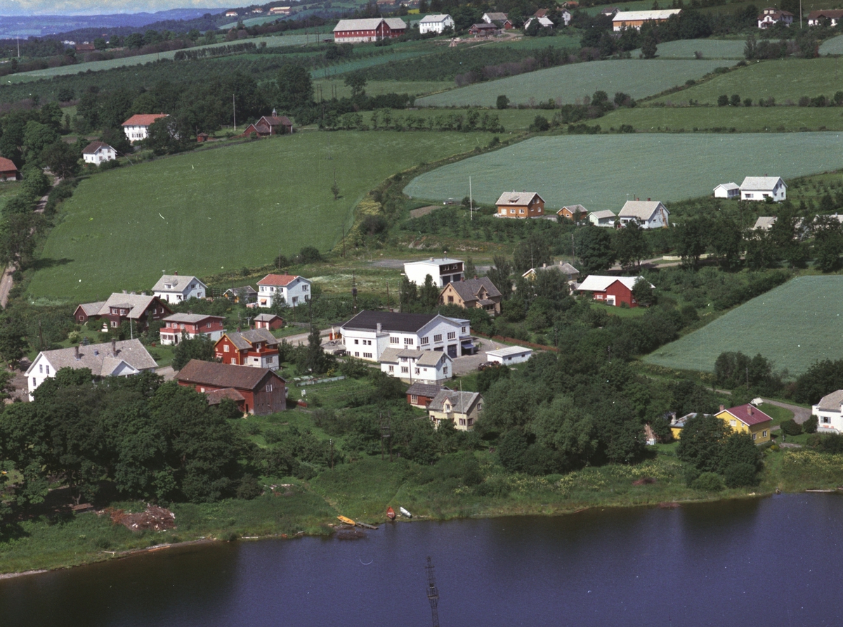 Widerøes Flyveselskap A/S, Flyfoto, Tingnes, Nes Bilverksted, bebyggelse, Mjøsa, Nes, Hedmark.