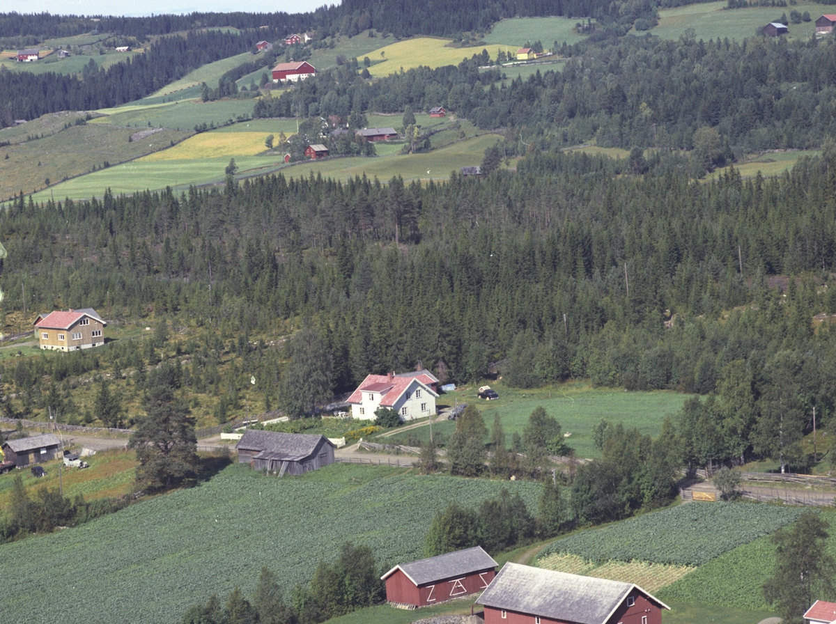 Widerøes Flyveselskap A/S, Flyfoto, Lismarka, Ringsaker. Hagelund, G.nr 451.3/45 midt i bildet. Så skrått oppover mot v. ligger Lisengen deretter Nordlien. Øverst i v. billedkant ligger Kallykkja og øverst til h. ses et par uthus i Midtlien. Til v. for Hagelund ligger Thune, og på nederste del av bildet ses noen uthus tilhør…