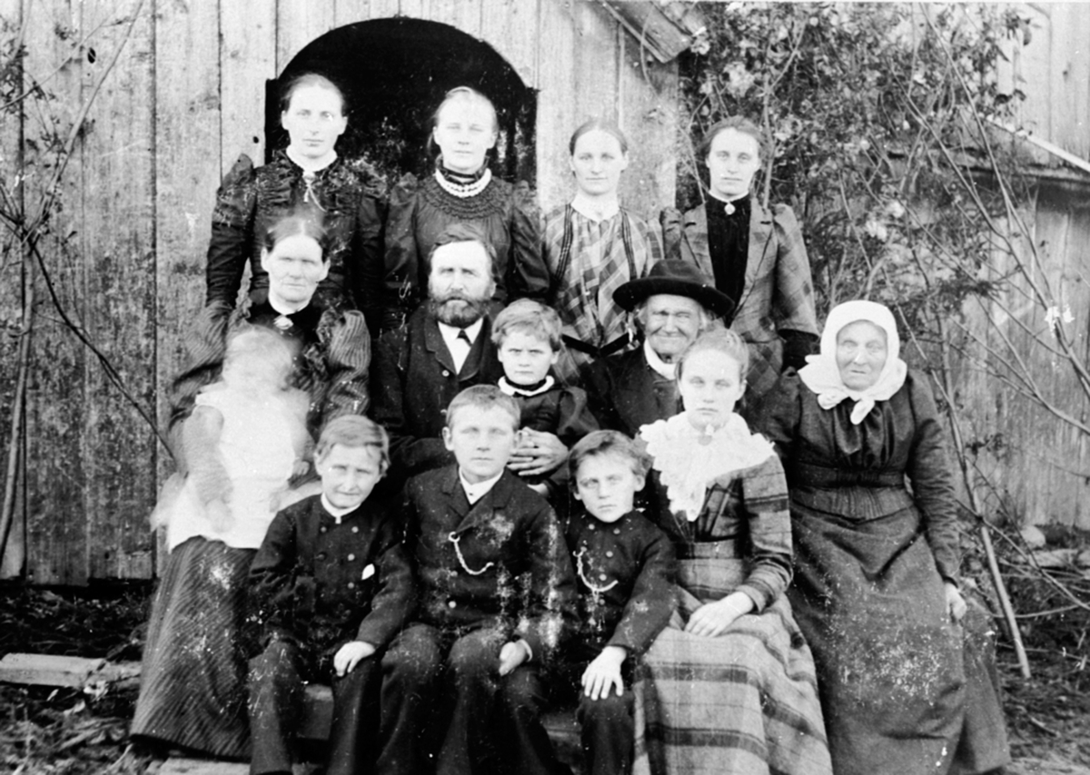 Anno Domkirkeodden, 3 generasjoner av familien på Øvre Sund, Helgøya. Bak fra venstre er Karen (1872-1896), Lina (1878-1963), Thea Louise (1870-1942), Emma (1875-1952). I midten fra venstre er Karen Indiana Larsdatter (1849-1900) med Johan August (1891-1963) på fanget, Gudbrand Torsten Knatterud (1840-1925) med Elise …