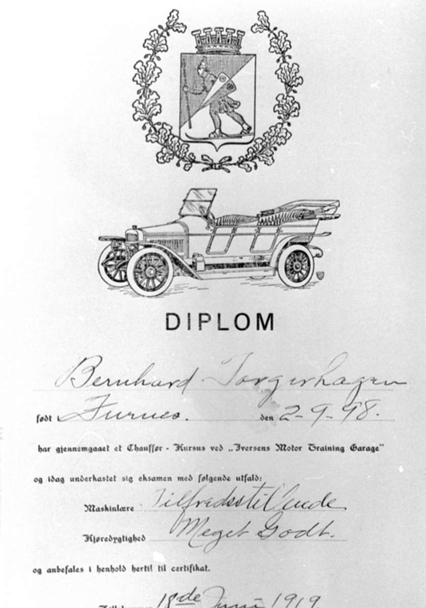 Anno Domkirkeodden, Diplom tildelt Bernhard Torgerhagen, sjåførkurs med maskinlære og kjøredyktighet. 1919.