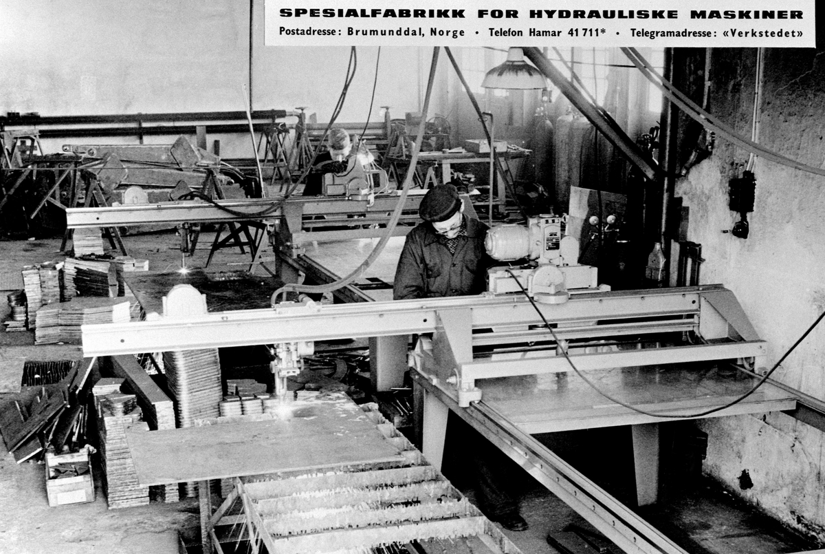 Anno Domkirkeodden, Interiør, verksted ved Brumunddal Mekaniske verksted og støperi. Hymas A/S. Spesialfabrikk for hydrauliske maskiner.