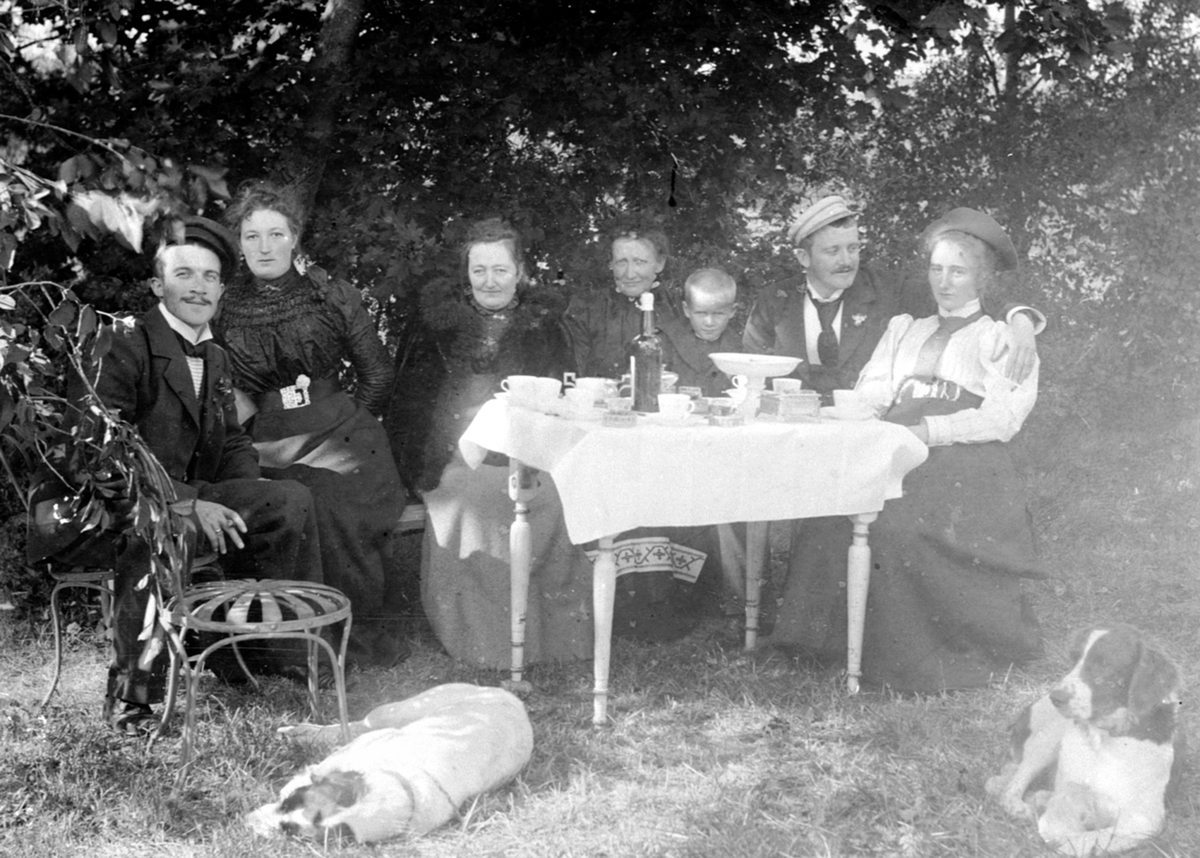 Anno Domkirkeodden, Kaffebord ute på Nederkvern gård, Brumunddal. Fra venstre er Birger Bjerke, Marthe Bjerke født Narud, Anne Marie Hvinden Haug, Ottilia Bjerke født Grüner, Karl Thor Løken, Thore Bjerke, Marta Bjerke.