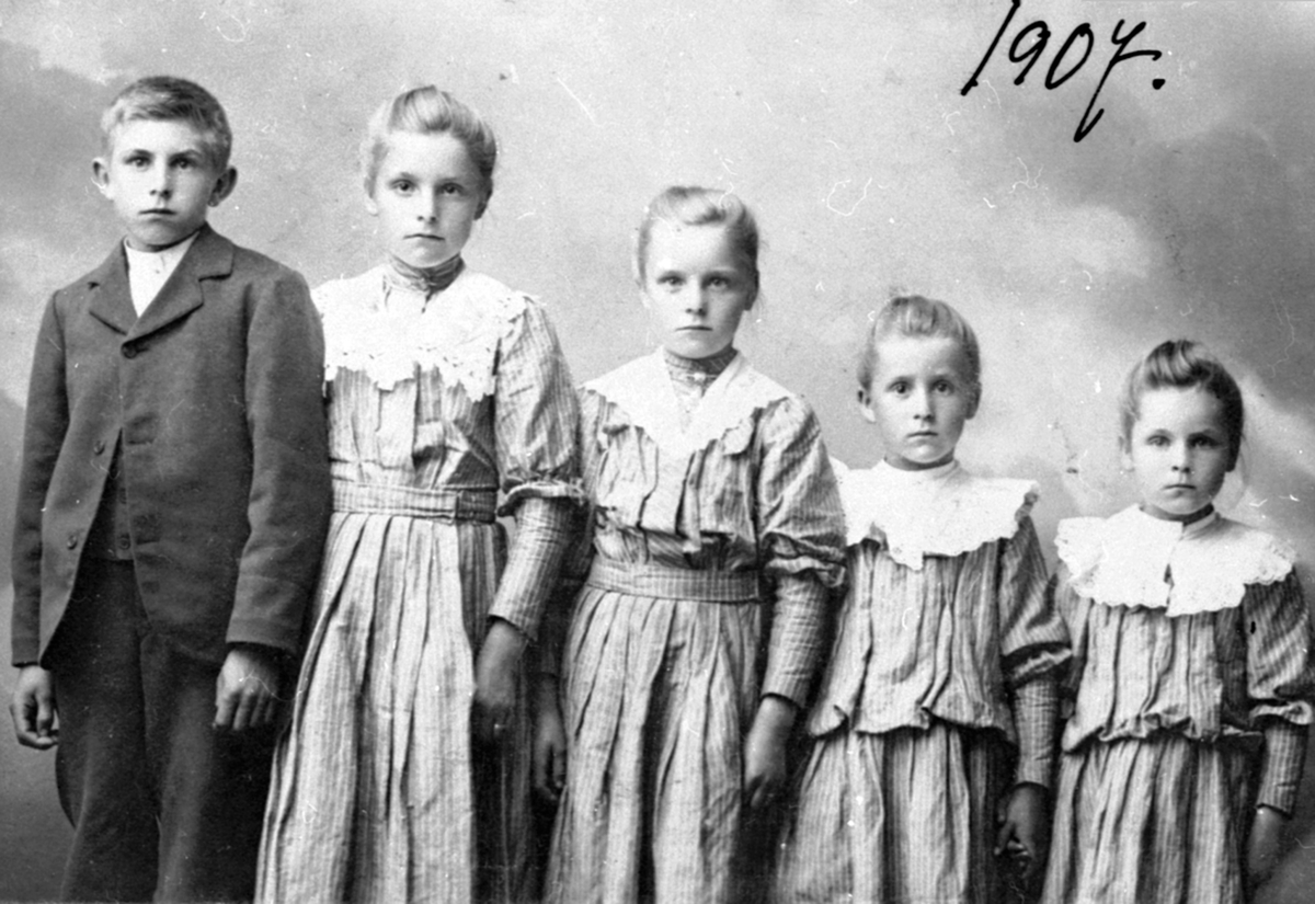 Anno Domkirkeodden, Søsknene Hilstad fra Holo nordre, Ringsaker. Fra venstre Anders f.1894, Sigrid f.1895, Helene f.1897, Frida f.1899 og Anna f.1901.