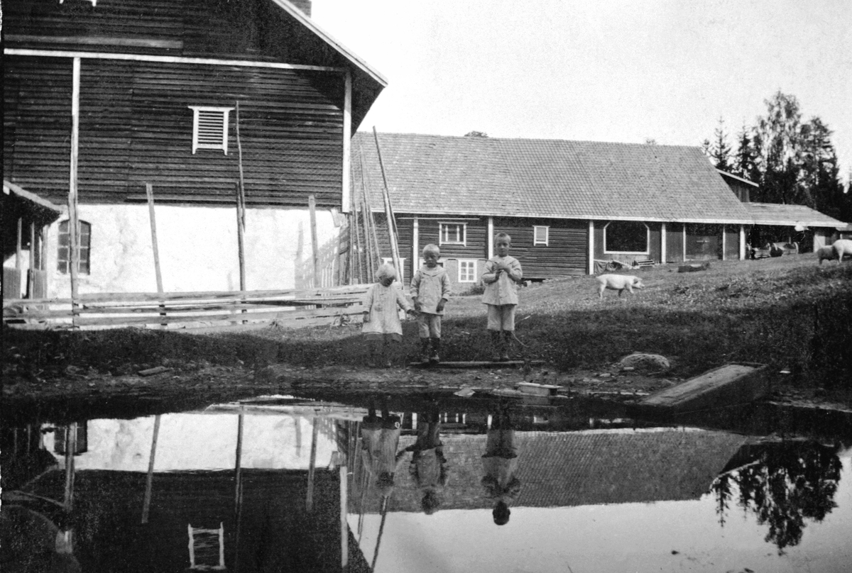 Anno Domkirkeodden, Den gamle låven på Sendstad, Nes, Hedmark med gåsedam foran. Tre barn.