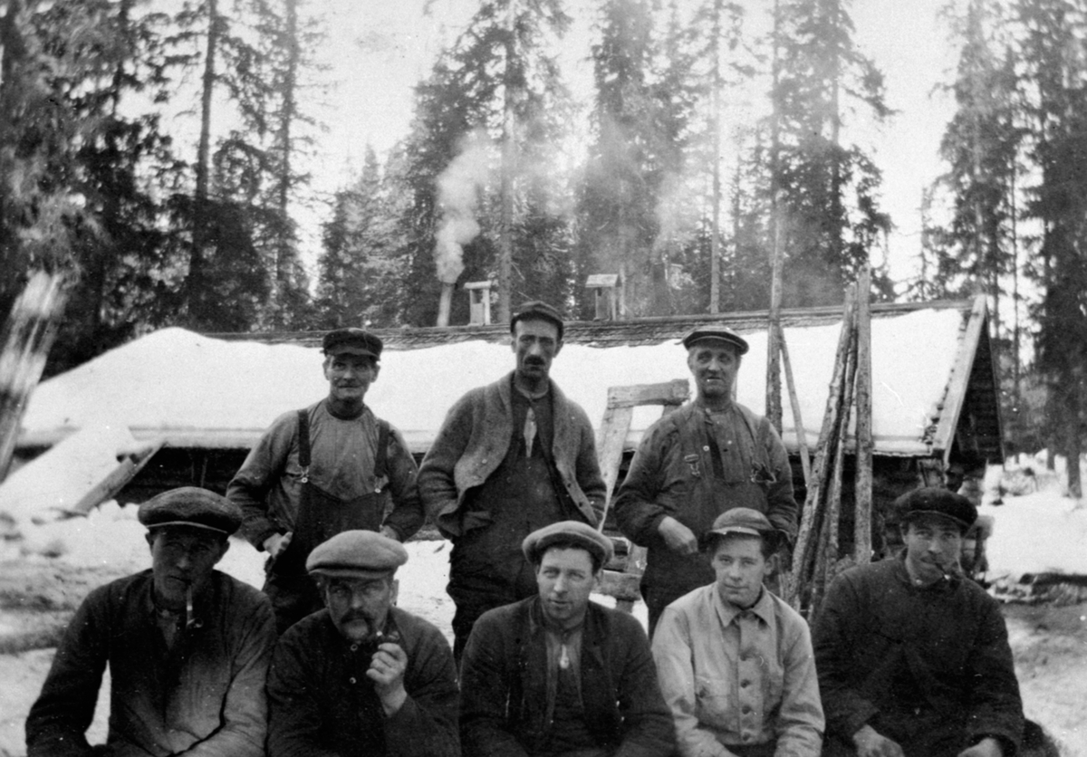 Anno Domkirkeodden, Gruppe tømmerhoggere og kjørere foran dobbeltkoia i Philske sameie, øst for Syljulia i Ringsakerfjellet. Bak fra venstre er Lars O. Åsen, Ole T. Skaug, Ole O. Åsen. Foran fra venstre er Kristian O. Åsen, Nils Åsbrein, Olav Myhren, Andreas Storsveen, Ottar Harby.