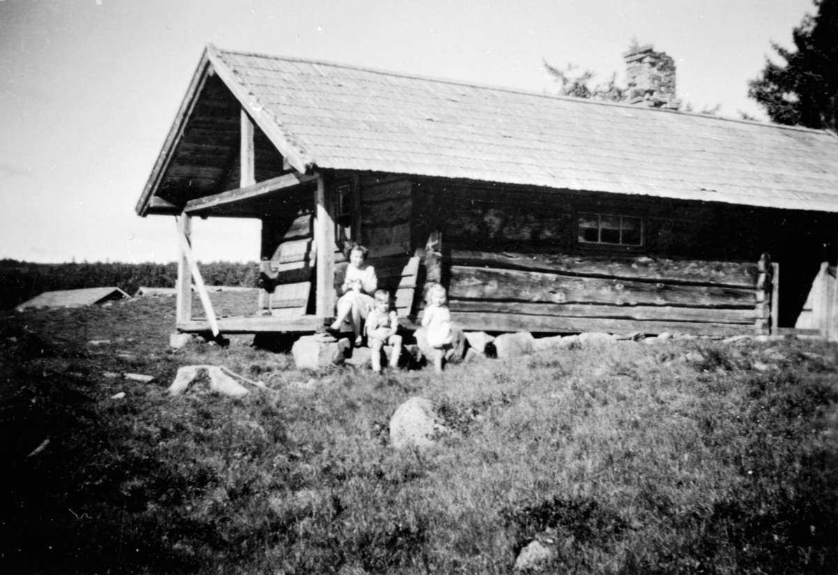Anno Domkirkeodden, Eksteriør, jakt og fiskebu på Nøkkelåsen, Ringsakerfjellet. Marte Brennlien med 2 barn.
