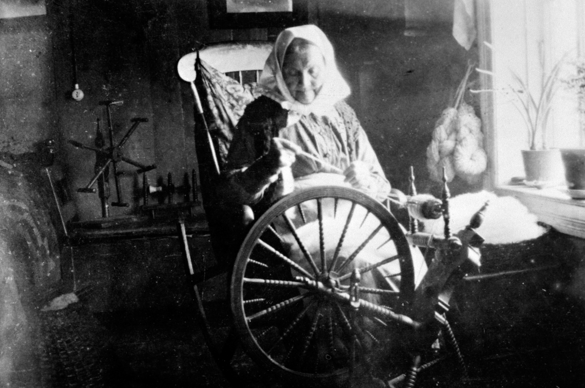 Anno Domkirkeodden, Tonette Vestgård (1840-1923) ved rokken på sine gamle dager. På et bord står garnvinde og garnspoler, på høyre side ull og garnhespler. Vestgård, Helgøya.