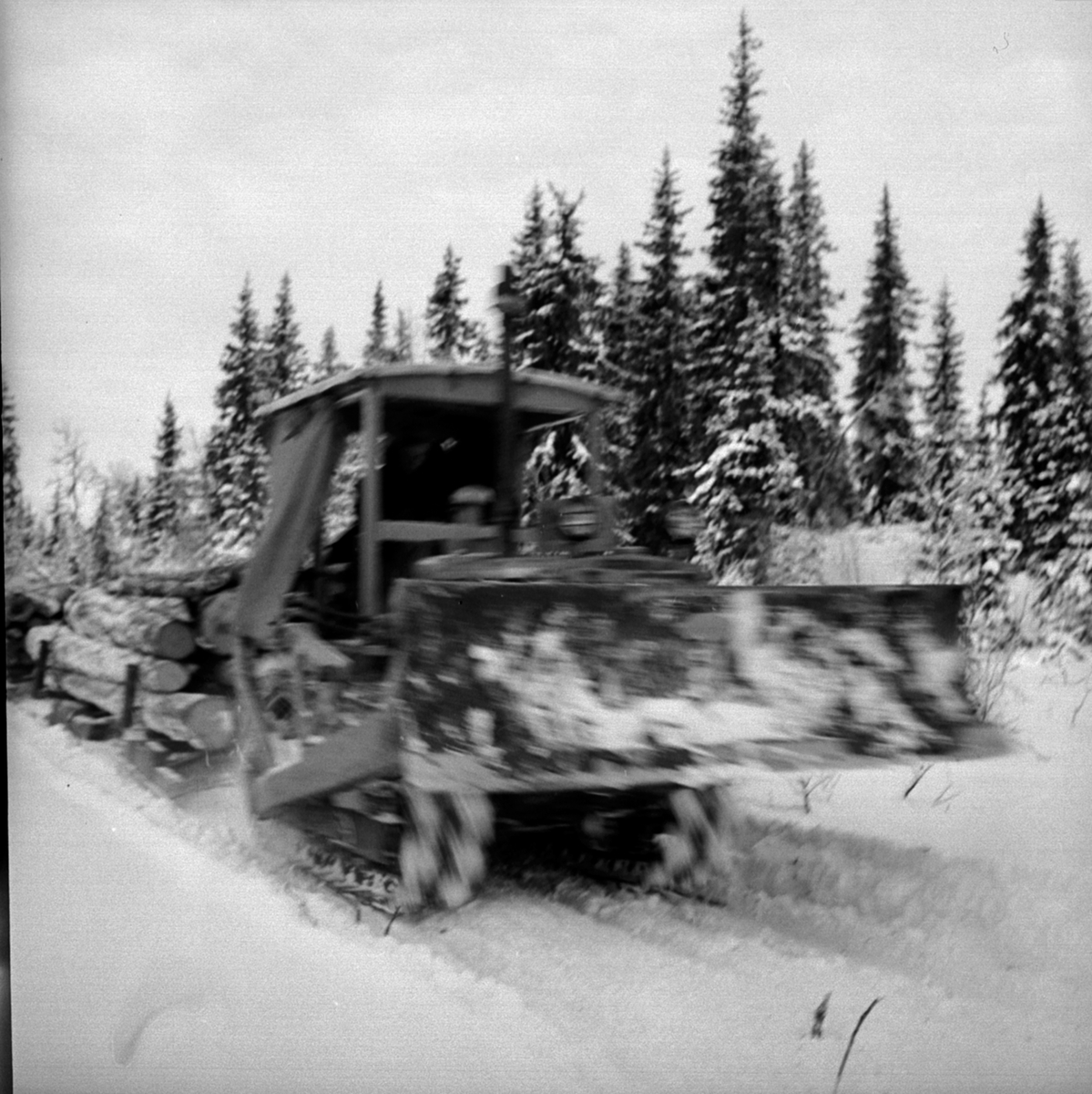 Anno Domkirkeodden, Tømmerkjøring. Transport av tømmer med beltevogn. Berger Langmoen AS, Brumunddal.