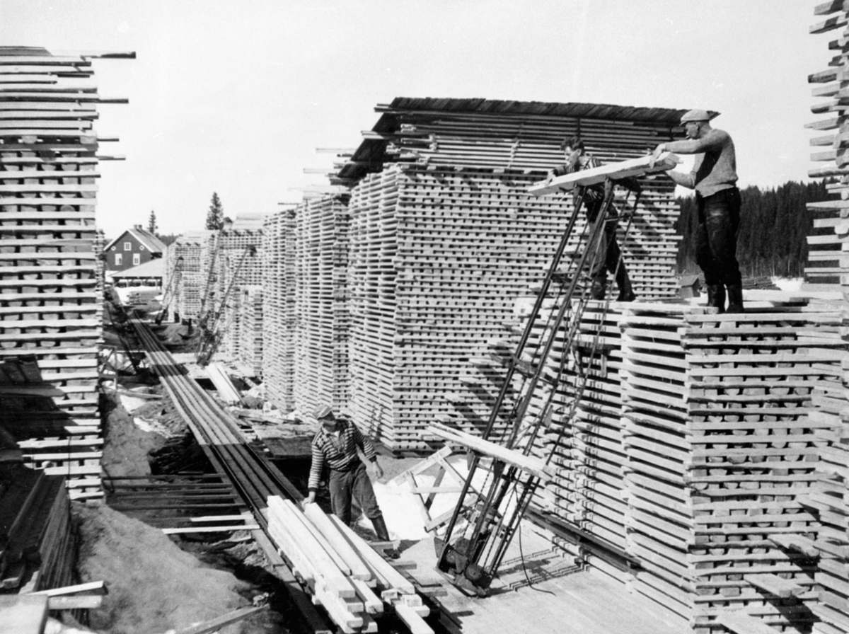 Anno Domkirkeodden, Plankestabling på tørkelager. Materialer på heisinnretnig. Arbeiderne er Torvald Nerhus, Jan Nikolaisen og Arvid Voldmo ved Brumunda sag, Nes Almenning, Ringsaker.