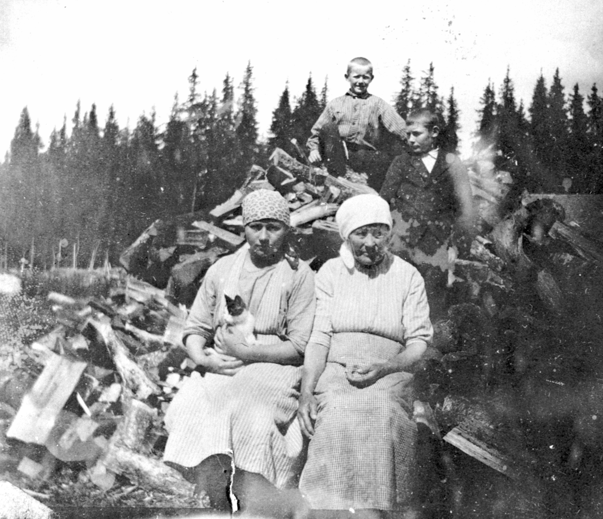 Anno Domkirkeodden, Vedhaug, Gammelskolla seter, Ringsakerfjellet. Fra venstre er Fredrikke ?, Margit Johansen, Mikkelengen. Bak til høyre er Sverre Skyberg.