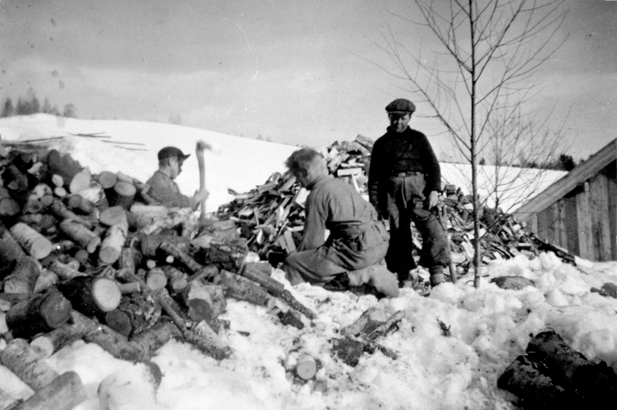 Anno Domkirkeodden, Kløyving av vinterved, vedhogst, Fridtjof, Kasper og Rolf Ulven på Bårdseth nedre, Ringsaker.