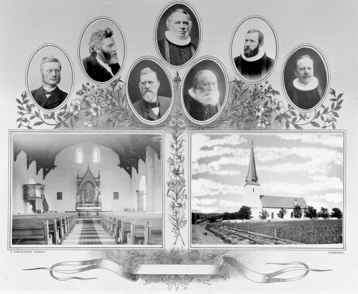 Anno Domkirkeodden, Montasje av foto. Stavsjø kirke, interiør og eksteriør. Portretter av prester. Johannes Børke f.1856 , Einar Borchgrevink (1849-1933), Oluf Martinus Christiansen (1852-1932), Henrik Christian Borchgrevink (1811-1891), Ole Stuevold Hansen (1834-1919), Theodor Borchgrevink (1858-1909), Peter Andreas …
