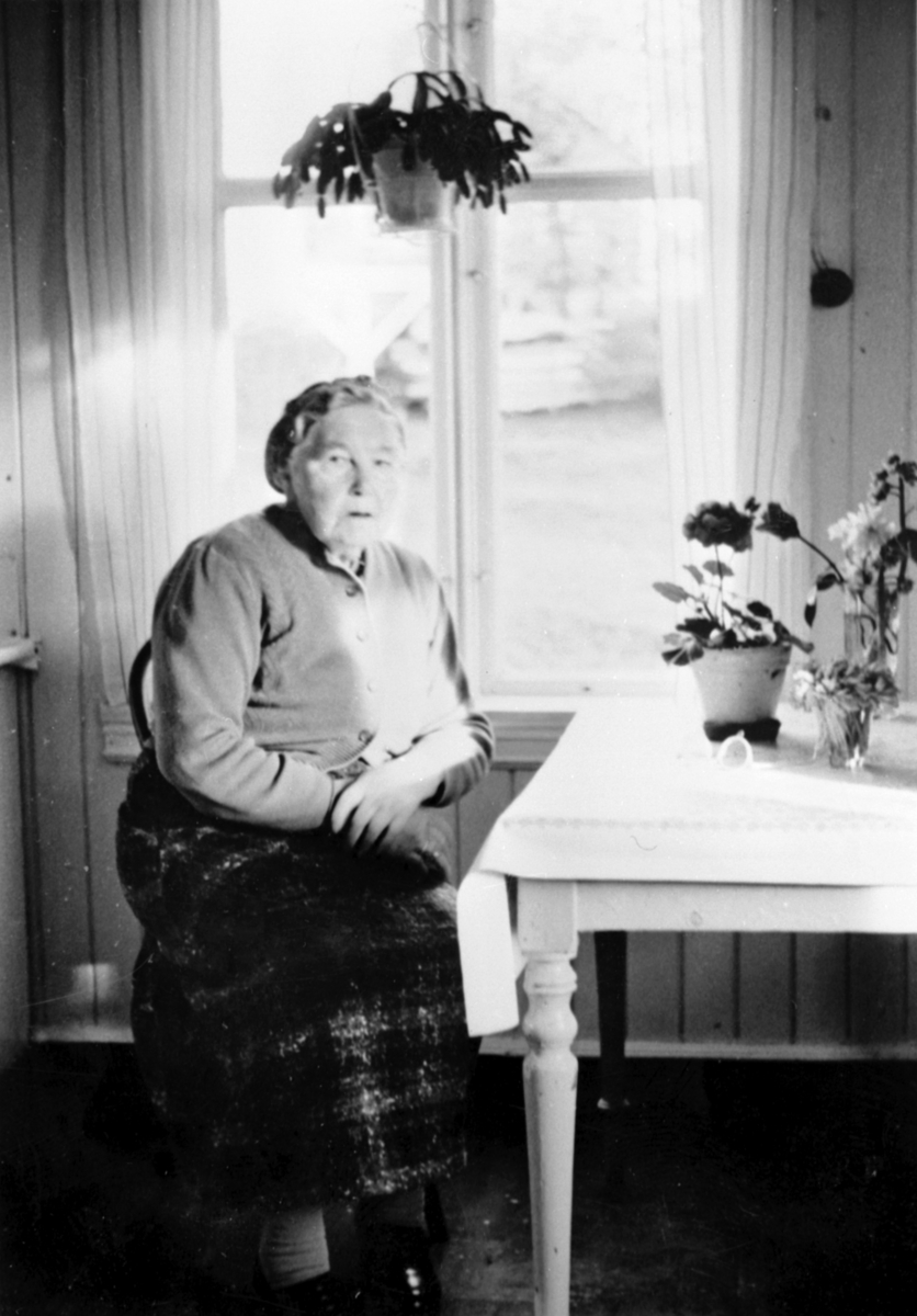 Anno Domkirkeodden, Karen Kleven født Solheim 1879 sitter ved kjøkkenbordet i Østberg, Helgøya.