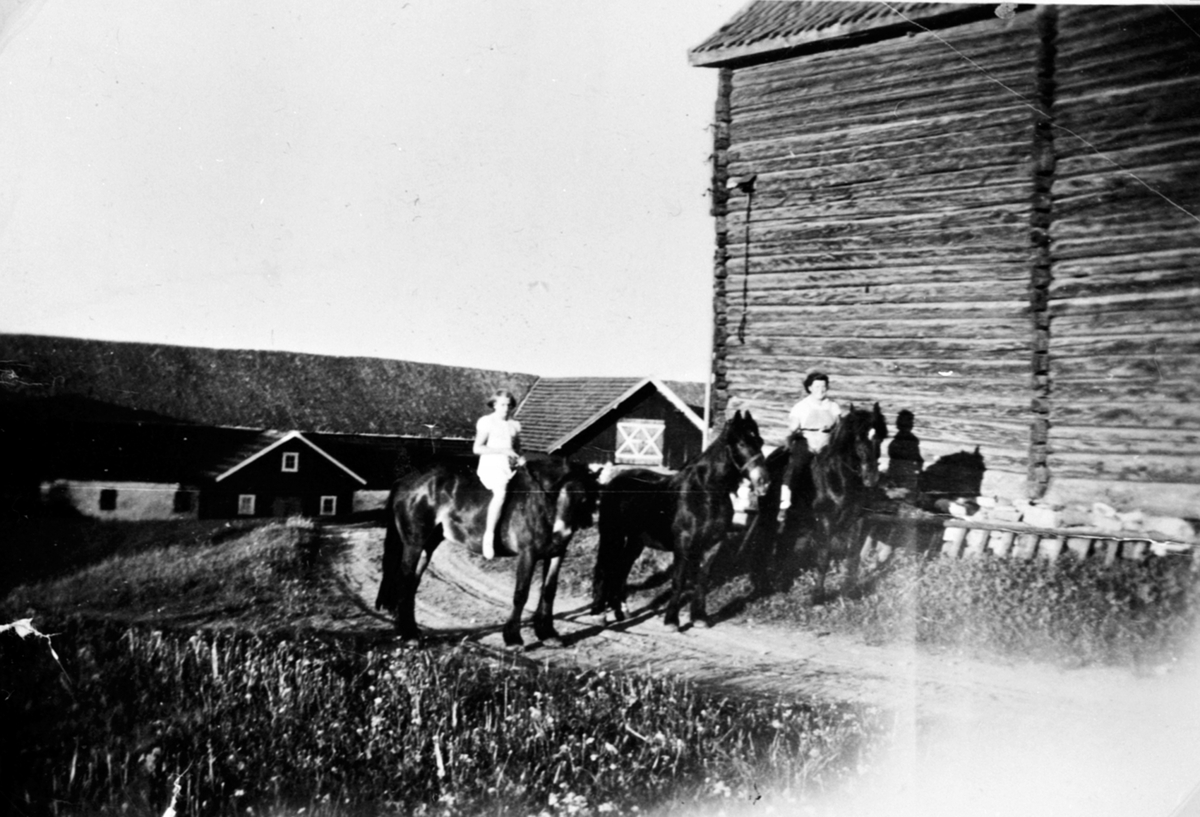 Anno Domkirkeodden, 2 jenter på hesteryggen utenfor det gamle stabburet på Eik, Helgøya. Den gamle låven og stabburet i bakgrunn.