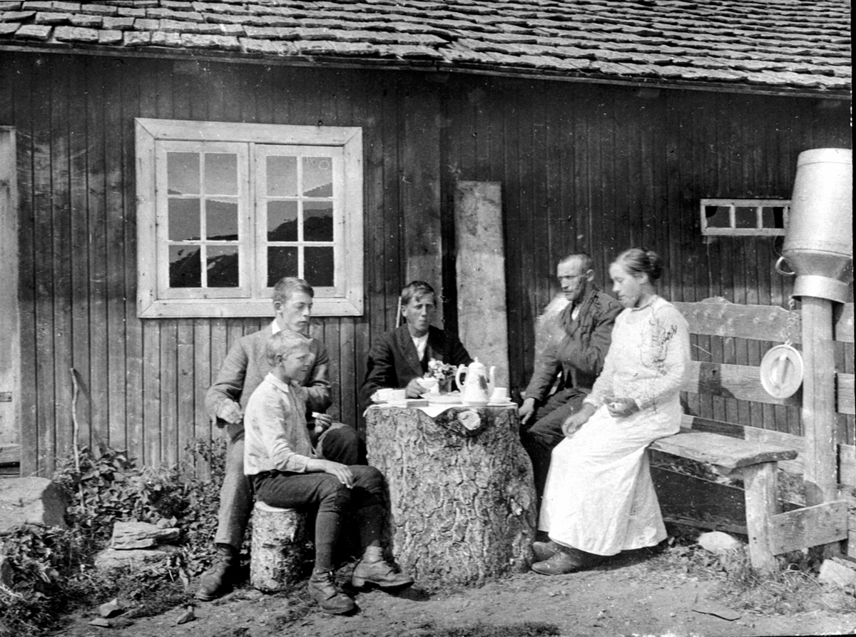 Anno Domkirkeodden, Kaffeselskap utendørs på Heramb sin seter Moste, Ringsakerfjellet. Stor stubbe til bord, folk på benker.