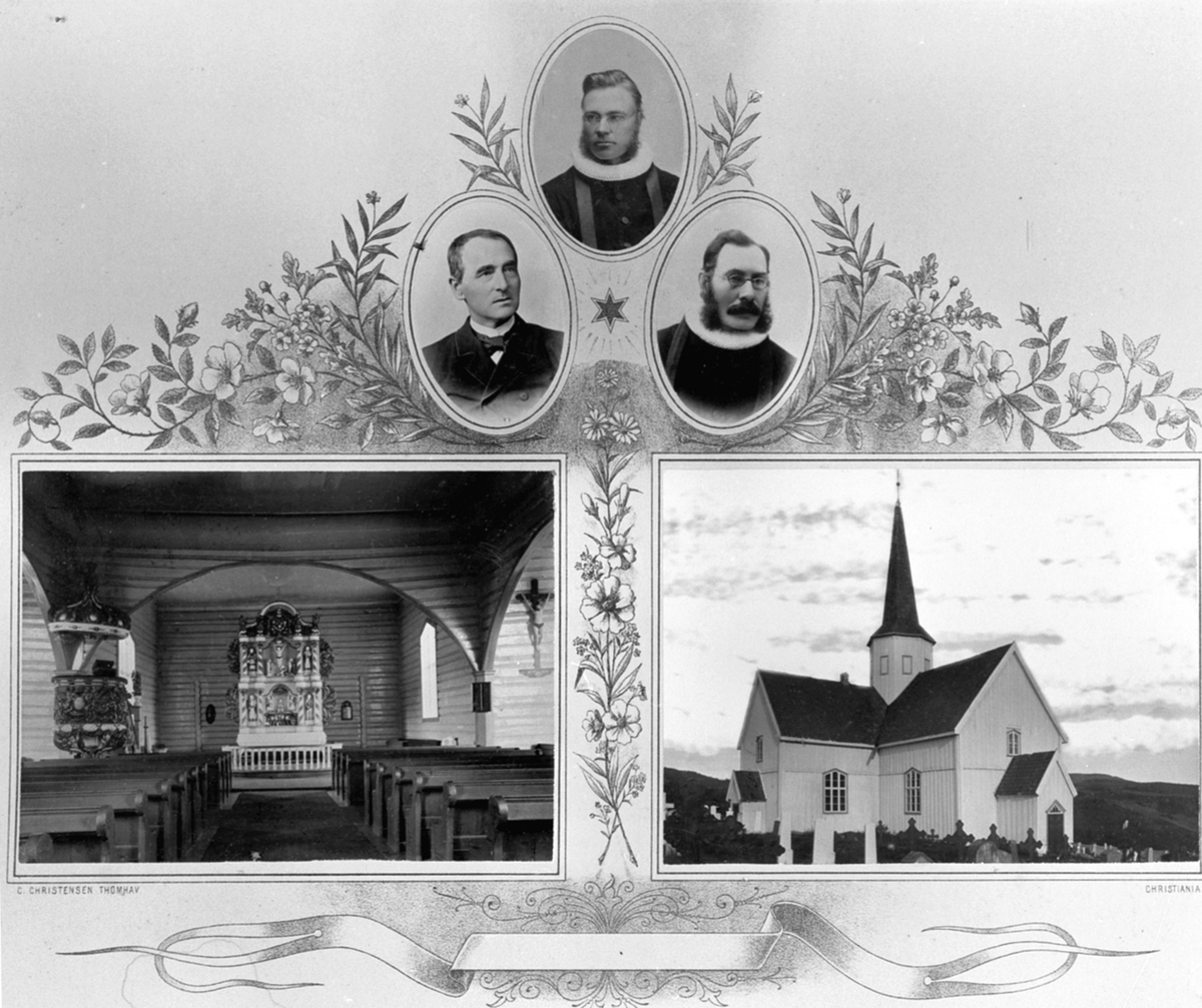 Anno Domkirkeodden, Fotomontasje av interiør og eksteriør, Brøttum kirke. Portretter av tre prester, fra venstre er Brockmann, Svendsen, Klute.